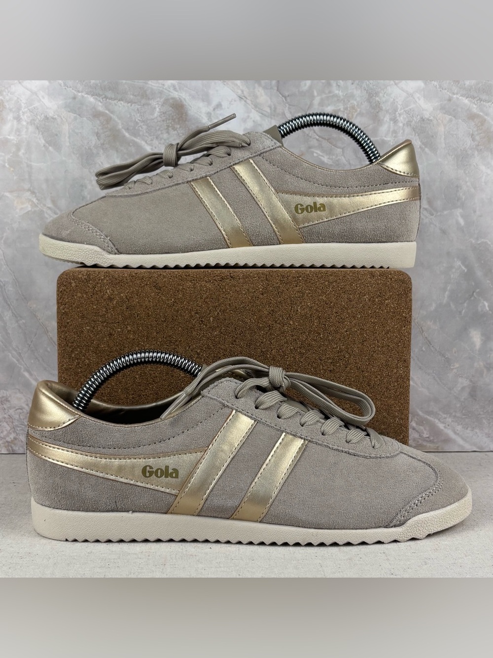Gola Taupe Suede Sneakers with Metallic Gold Stripes
